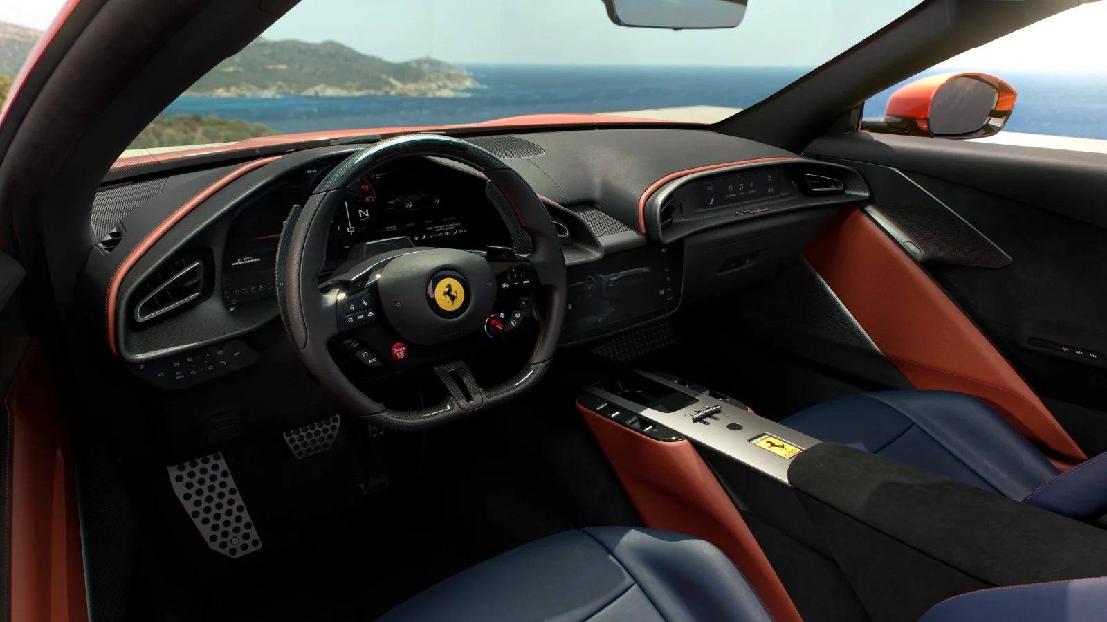 Luxury dual-cockpit interior and digital dashboard of the Ferrari Amalfi Spider