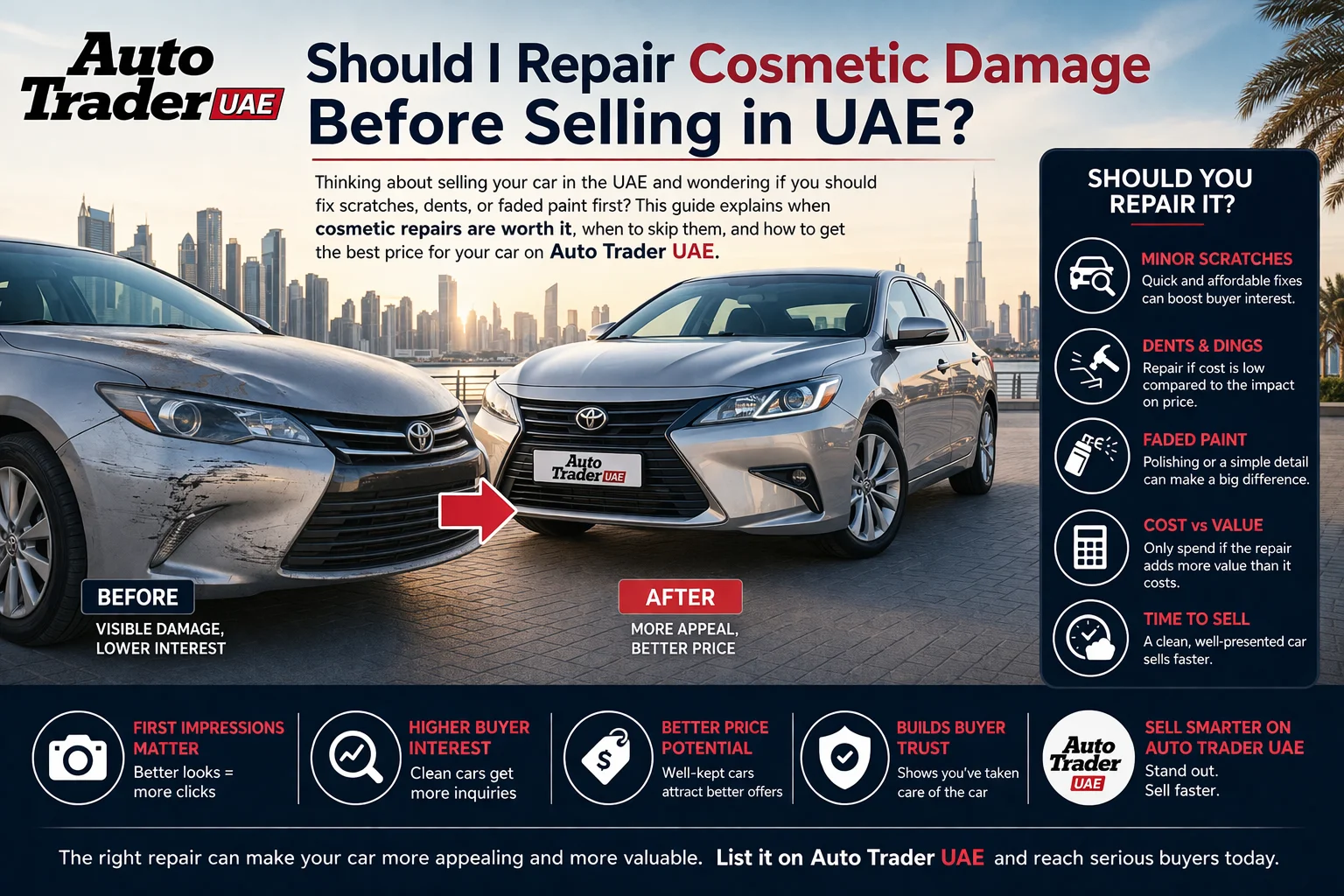 Owner inspecting scratches on car door before selling in UAE