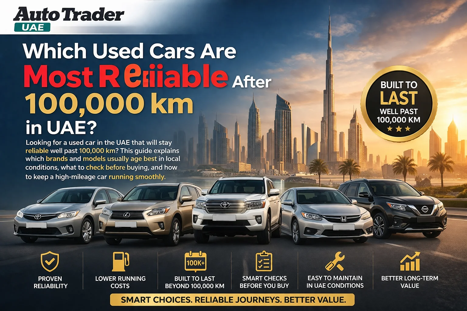 High mileage Toyota Camry sedan driving on a UAE highway