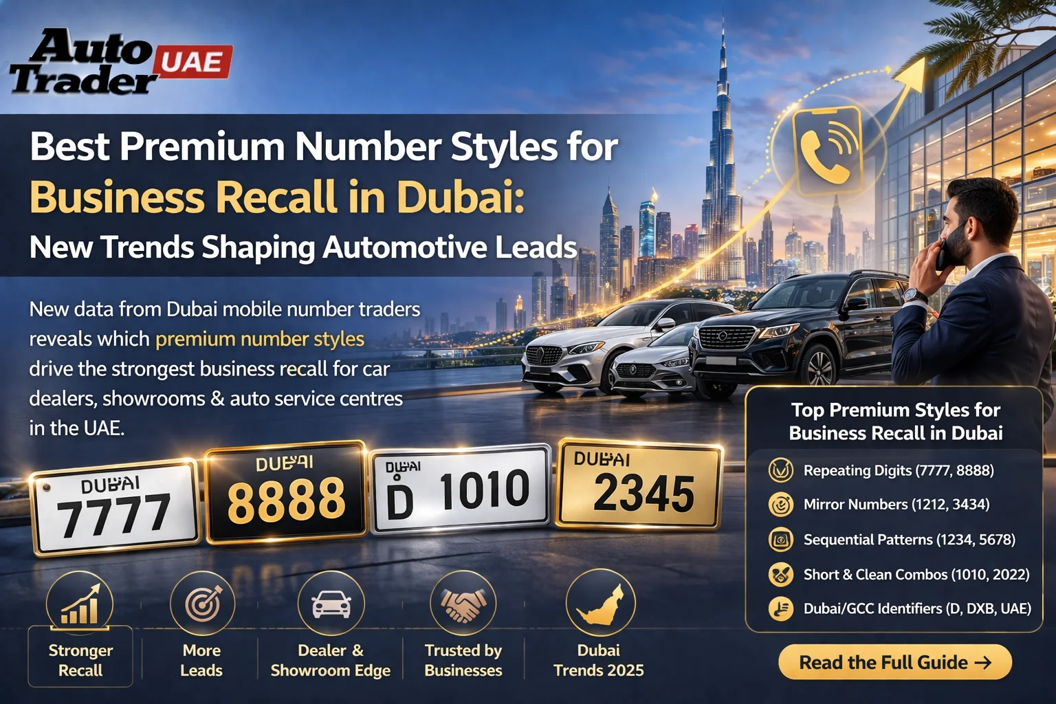 Car dealer in Dubai displaying a premium mobile number on showroom glass