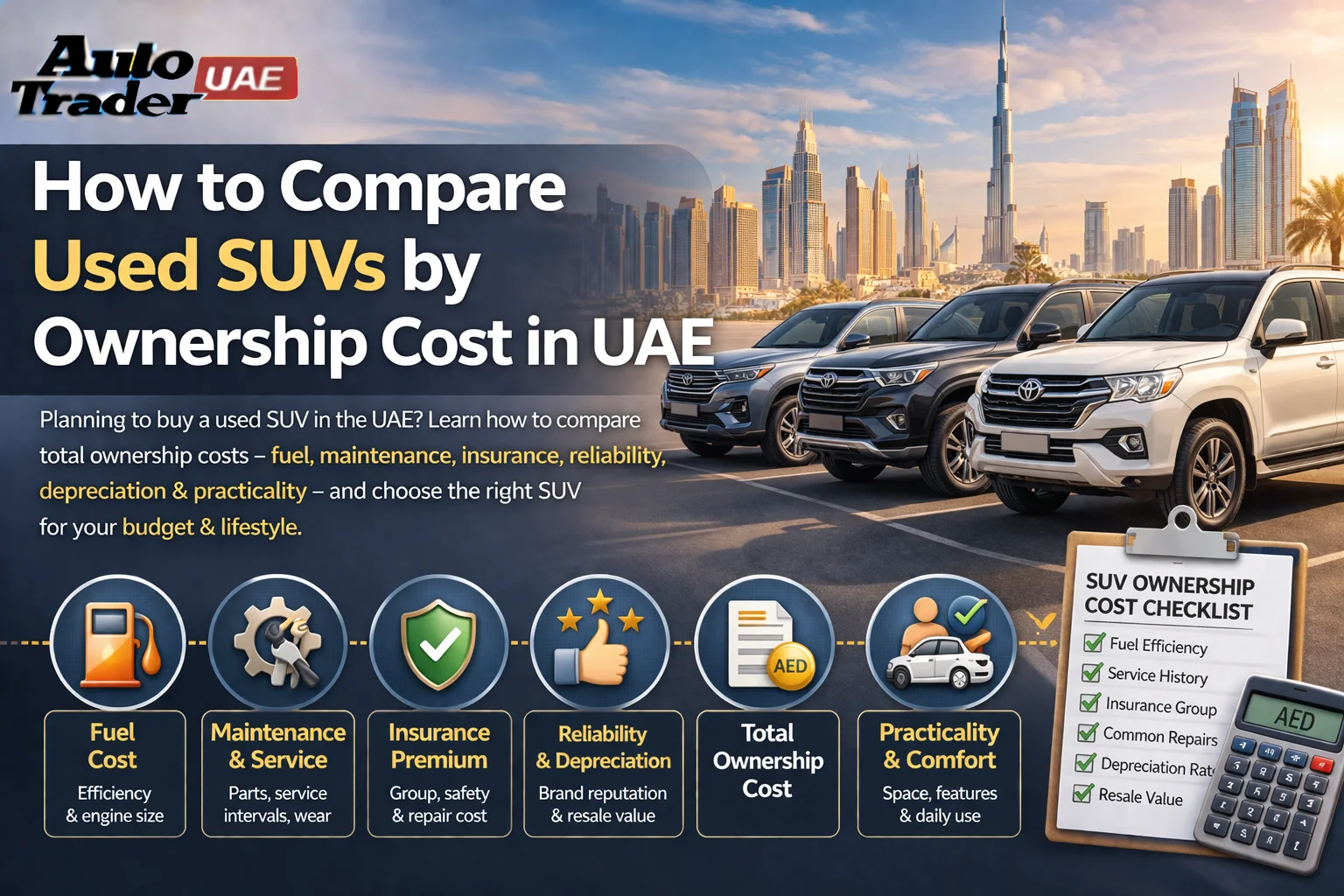 Buyer comparing running costs of several used SUVs on a tablet in the UAE