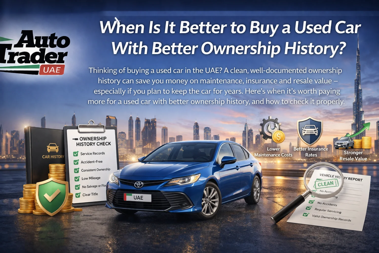 Service book and maintenance invoices for a used car in the UAE