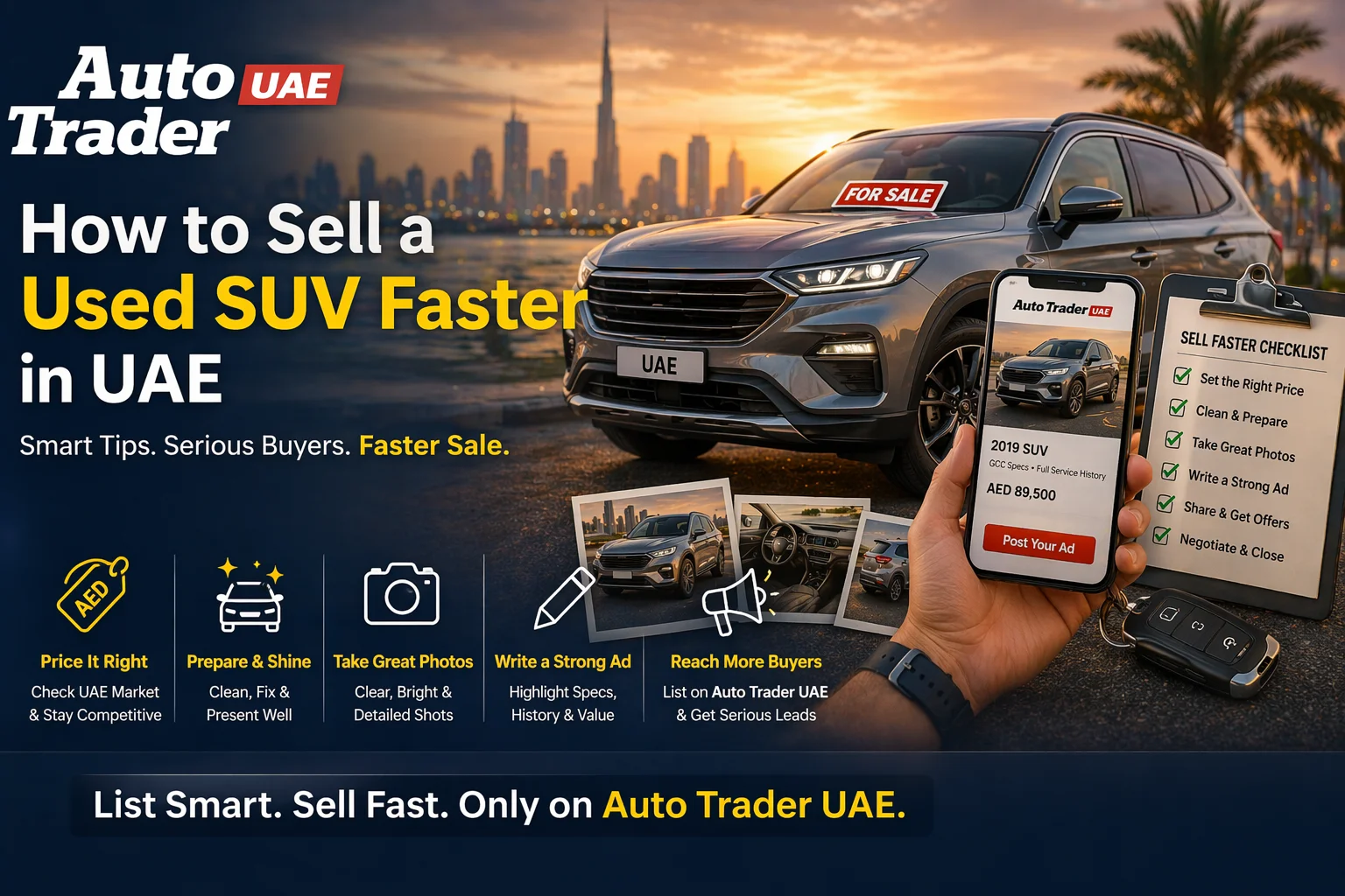 Seller cleaning a used SUV in UAE before listing it online