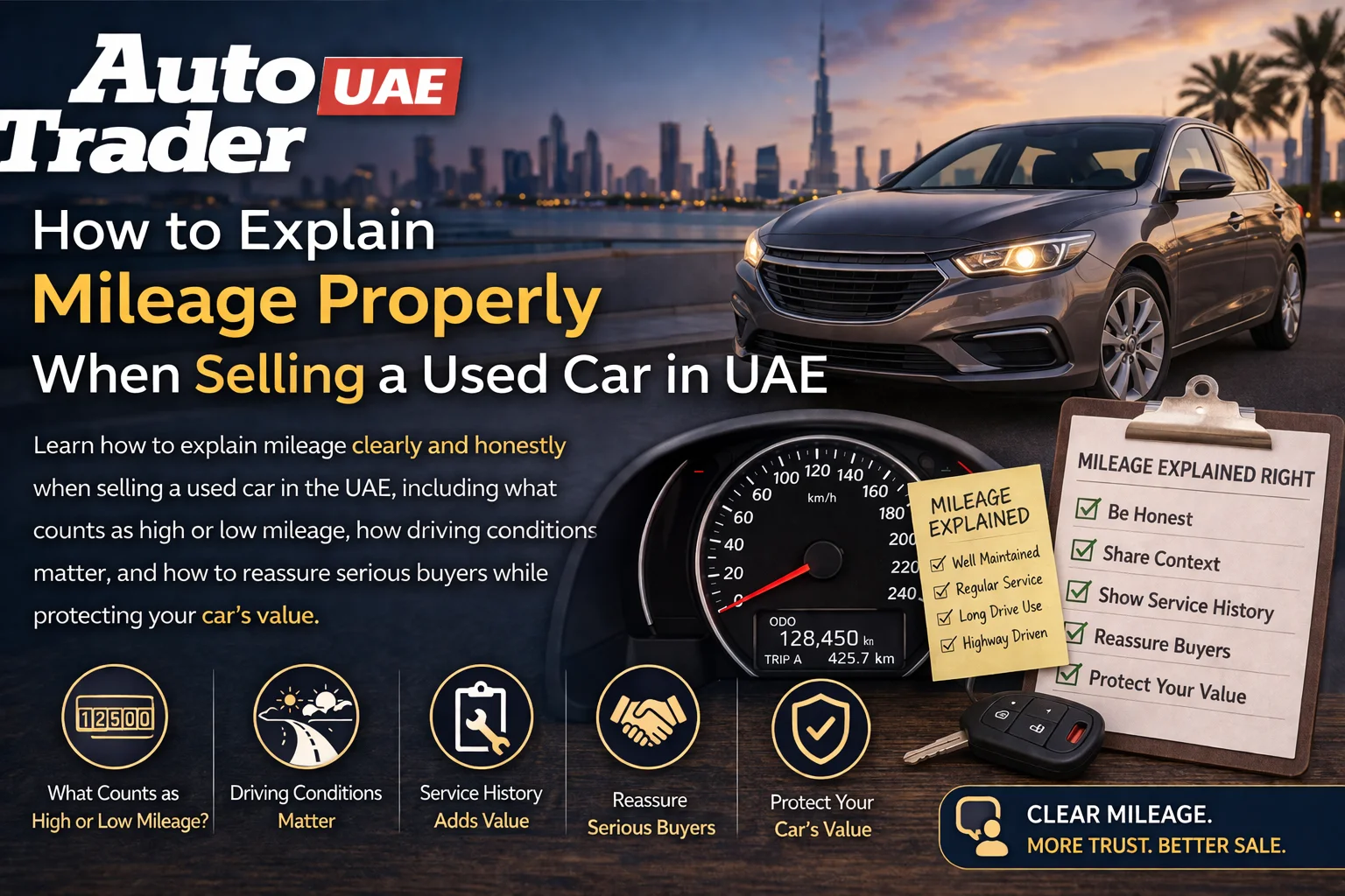 Seller showing odometer reading to buyer while selling a used car in UAE