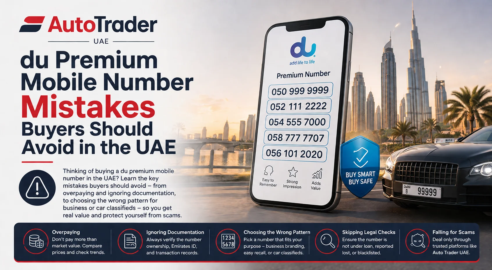 Car showroom in UAE displaying contact du premium mobile number on banner