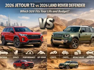 2026 Jetour T2 and 2026 Land Rover Defender parked side by side on a desert road in UAE