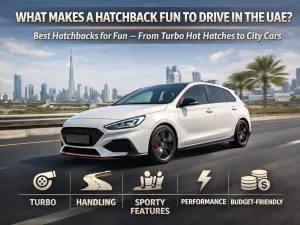 Sporty hatchback car driving on a city road in the UAE