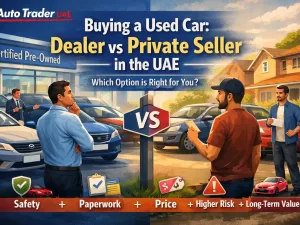 Used car buyer comparing dealer showroom and private seller options in UAE