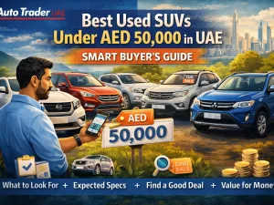 Line‑up of used SUVs parked in a row at a dealership in the UAE