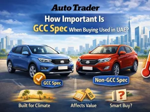 Used cars parked in UAE with GCC spec highlighted on a windscreen sticker