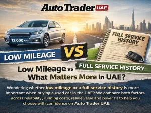 Used cars in UAE with low mileage and full service history parked in a dealership lot