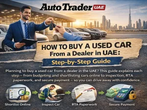 Customer inspecting a used car at a UAE dealership before purchase