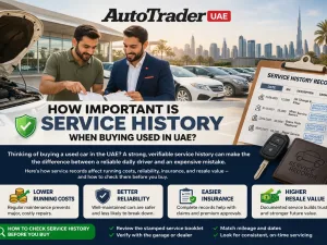 Used car buyer in the UAE reviewing service history documents before purchase