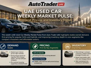 Used cars parked in a UAE dealership lot illustrating weekly market trends in demand, pricing, and inventory