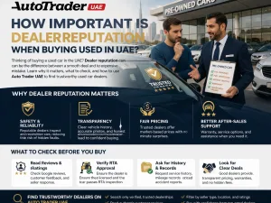 Customer reviewing used car dealer reputation before buying a used car in the UAE showroom