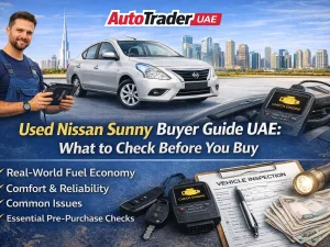 Used Nissan Sunny sedan parked in the UAE, ideal affordable daily car