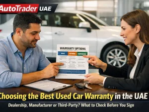 Used car buyer reviewing warranty options at a dealership in the UAE