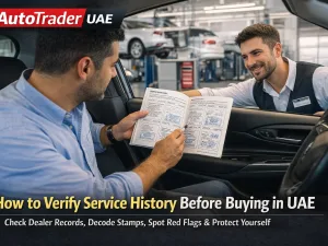 Buyer reviewing car service history documents before purchasing a used car in the UAE