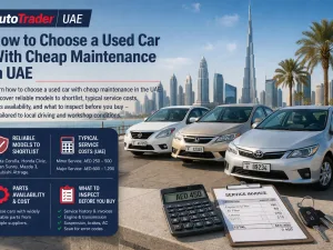 Used compact car parked in UAE with mechanic checking engine for low maintenance costs