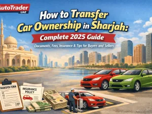 Customer transferring car ownership at a Sharjah vehicle registration centre