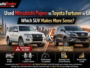 Used Mitsubishi Pajero and Toyota Fortuner parked side by side in UAE desert