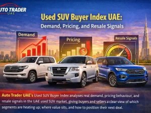 Used SUVs parked in a UAE dealership showcasing market demand and pricing trends