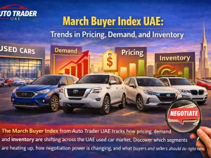 Used cars parked in a UAE dealership representing March Buyer Index trends