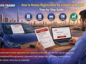 Customer renewing registration for a used car in the UAE at an RTA-style service center
