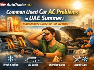 Mechanic checking a used car AC system in a UAE workshop during summer