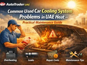 Used car engine bay being inspected for cooling system problems in hot UAE weather