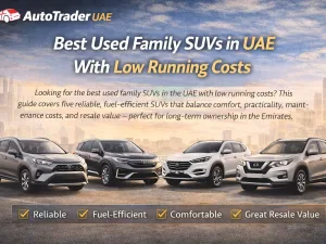 Line-up of popular used family SUVs parked in a UAE residential area