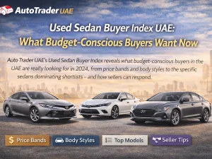 Used sedan cars parked in UAE, representing budget-conscious buyers’ preferences
