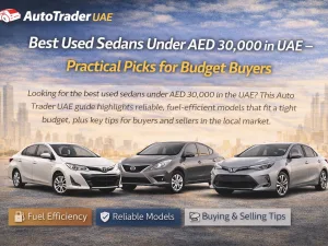 Row of affordable used sedans parked outdoors in the UAE