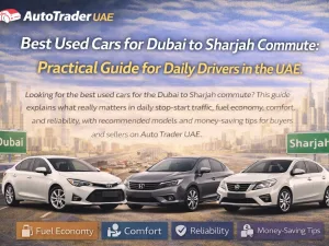 Used commuter cars driving on a UAE highway between Dubai and Sharjah