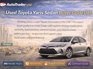 Used Toyota Yaris sedan in the UAE parked on a city street