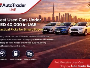 Line-up of popular used cars under AED 40,000 parked in a UAE urban setting