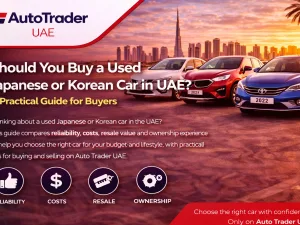 Used Japanese and Korean cars parked in a UAE city dealership lot