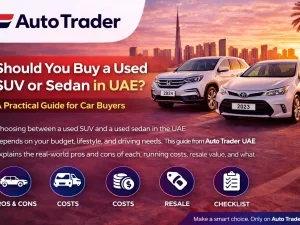 Used SUV and sedan parked in UAE showing size and style differences