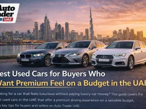 Line-up of premium used sedans parked in the UAE, representing luxury feel on a budget