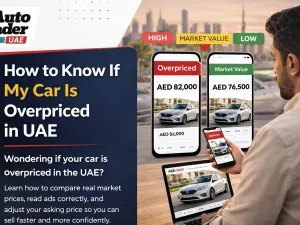 Used cars parked in Dubai with price tags showing different asking prices