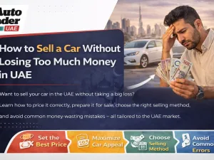 Seller and buyer shaking hands in front of a used car in the UAE