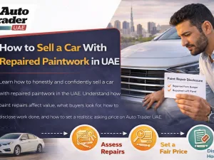 Used car with repaired paintwork parked in the UAE ready for sale