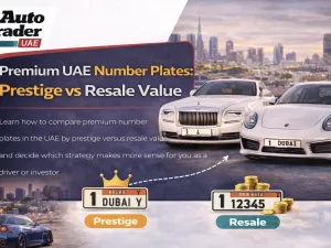 Premium UAE number plate on a luxury car, illustrating prestige versus resale value comparison