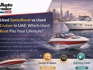 Used speedboat and used cruiser side by side in a UAE marina