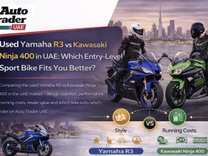 Used Yamaha R3 and Kawasaki Ninja 400 parked side by side in the UAE
