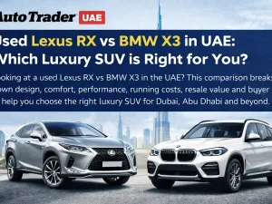 Used Lexus RX and BMW X3 parked side by side on a road in the UAE