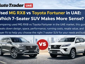 Used MG RX8 and Toyota Fortuner SUVs parked side by side in the UAE