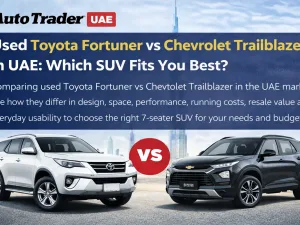 Used Toyota Fortuner and Chevrolet Trailblazer parked side by side in the UAE
