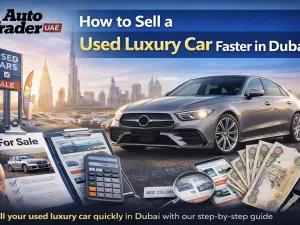 Used luxury car for sale in Dubai parked in a modern urban area