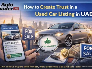 Used car seller in UAE preparing a trustworthy online listing with documents and photos
